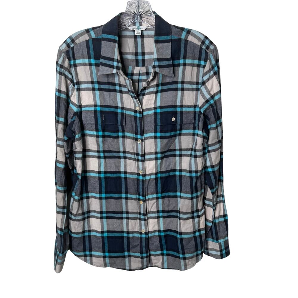 LL Bean Signature Women’s Button Up Plaid Flannel Shirt Size 16 Gray Blue Cotton